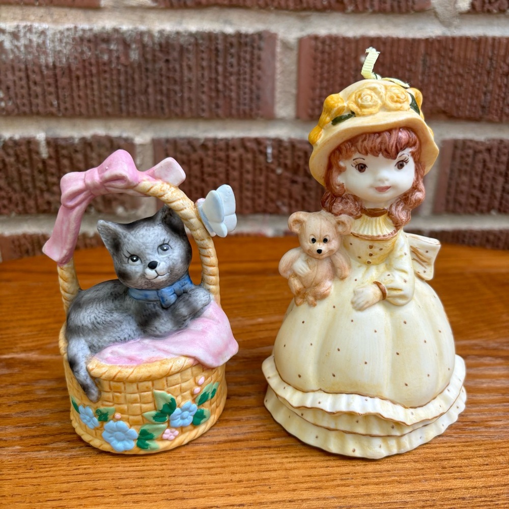 Vintage Collectible ceramic bells Cat in basket & Victorian girl Set of 2